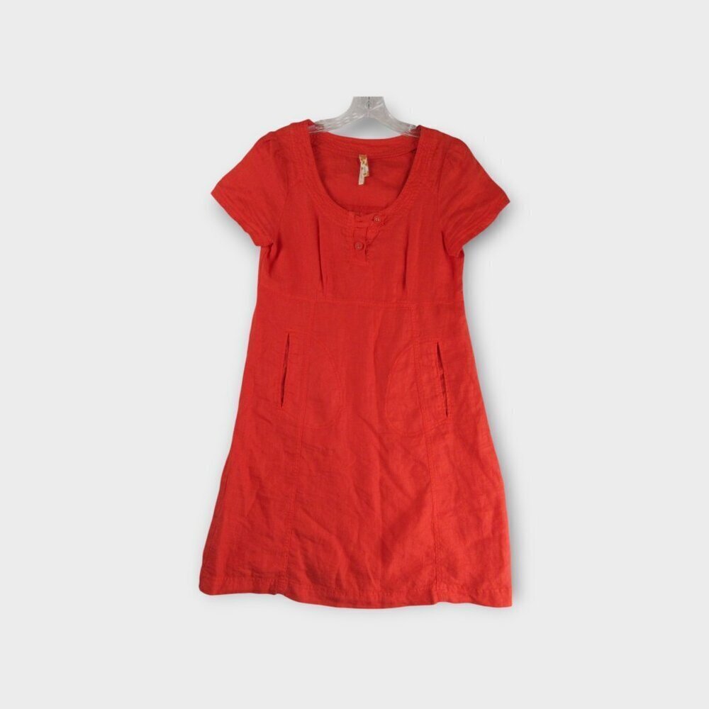 Maeve Linen Short Sleeve Mini Dress Size 6 Empire Waist Pockets Scoop Neck